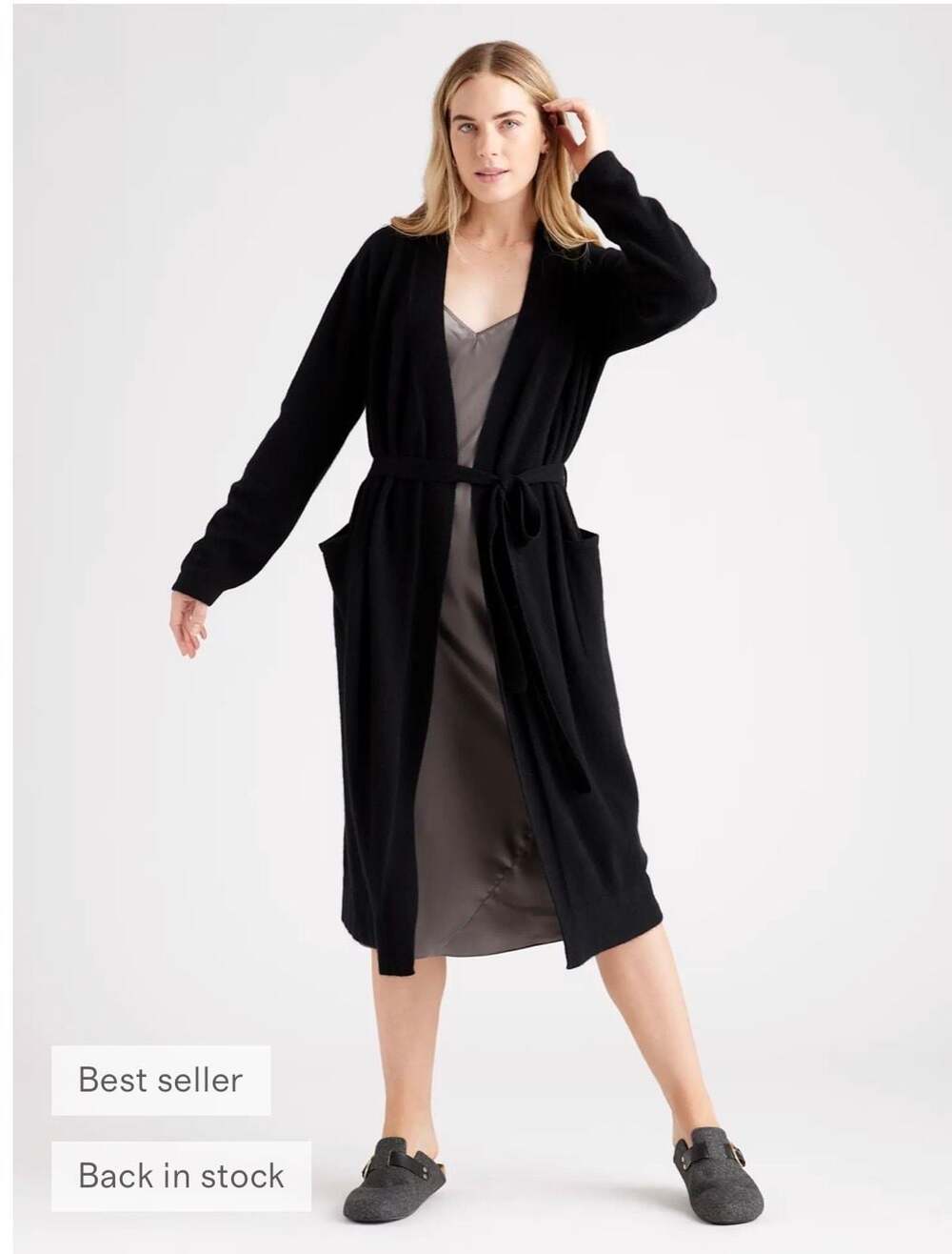 Quince 100% Mongolian Cashmere Robe in Black 41”long Sz m new w/tags